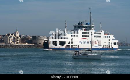 Portsmouth, England, UK. 2021. MV St Clare passing Old Portsmouth  She was built in 2001 and is a  car passenger roro ferry which operates an Isle of Stock Photo