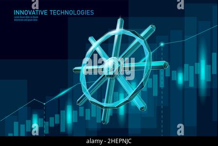 Wheel helm computer developer app concept. Business digital open source program. Data coding steering 3D low polygonal vector line illustration Stock Vector