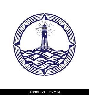 Lighthouse, Compass, Wave, Circle Logo Design Template. Vector and Illustration. Stock Vector