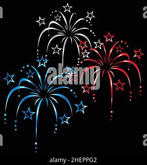 red white and blue stylized stylised colourful colorful fireworks vector isolated on black background Stock Vector