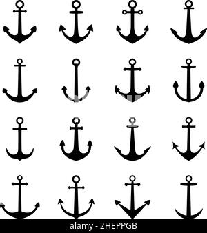 Set of silhouettes of anchors, vector illustration Stock Vector