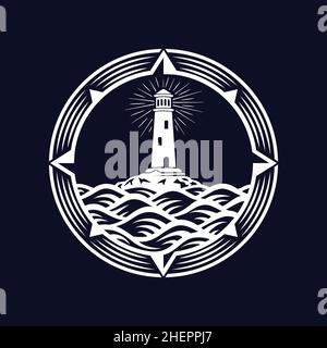 Lighthouse, Compass, Wave, Circle Logo Design Template. Vector and Illustration. Stock Vector