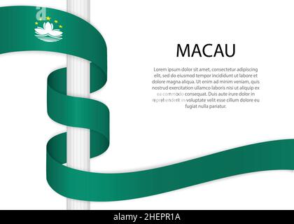 Waving ribbon on pole with flag of Macau. Template for independence day poster design Stock Vector