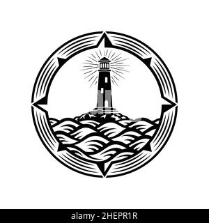 Lighthouse, Compass, Wave, Circle Logo Design Template. Vector and Illustration. Stock Vector