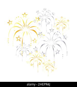 beautiful gold silver stylized fireworks on white background Stock Vector