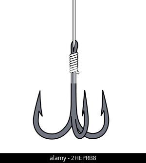 simple triple tri 3 fishing fish hook with line string grey metal