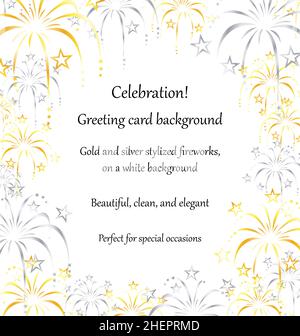 gold and silver stylized fireworks on white greeting card invite invitation base background vector Stock Vector