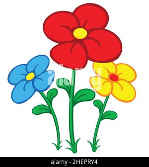 beautiful fun colorful cartoon flowers red blue yellow colourful bright vector isolated on white background Stock Vector
