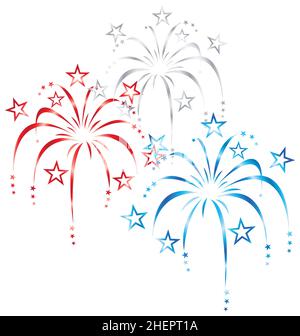 red white silver and blue stylized stylised colourful colorful fireworks vector isolated on white background Stock Vector