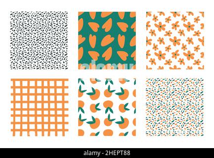 set, Funky, trendy seamless patterns set with flowers, peaches, crumbs, hearts in simple flat style. For kid s clothes, fashion fabrics, home decor Stock Vector