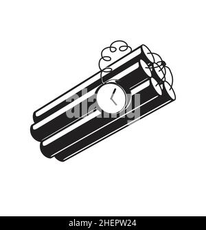 cartoon style bundle of dynamite sticks bomb explosive with clock timer and wires black and white silhouette vector isolated on white background Stock Vector
