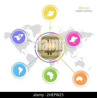 Bitcoin gold coin, World map and continents, infographics isolated on white background vector Stock Vector