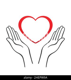 simple open hands outline supporting cradling floating red love heart outline lineart vector isolated on white background Stock Vector