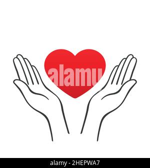 simple open hands outline supporting cradling floating red love heart lineart vector isolated on white background Stock Vector