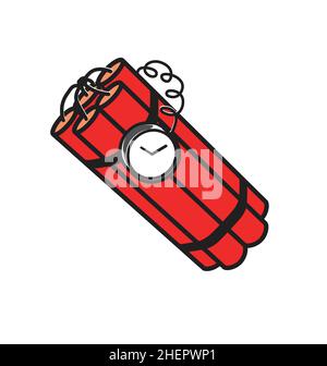 cartoon style bundle of dynamite sticks bomb explosive with clock timer and wires red isolated vector on white background Stock Vector