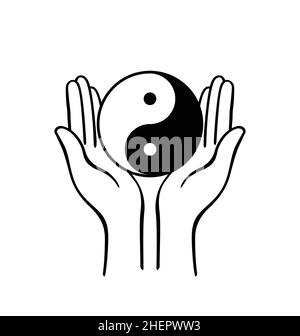 simple open hands outline supporting cradling floating black and white yin yang symbol vector isolated on white background Stock Vector