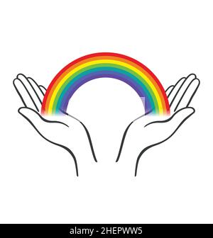 simple open hands outline supporting cradling colorful rainbow outline lineart vector isolated on white background Stock Vector