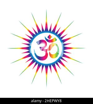 Classic rainbow aum, om, omkara symbol logo sign in sunburst vector isolated on white background Stock Vector