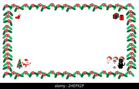 Christmas card with holly leaf frame, snowman, cats, and gifts Stock Vector