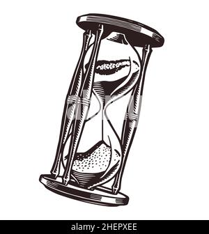 antique vintage hourglass hand drawn etching tilted vector isolated on white background Stock Vector