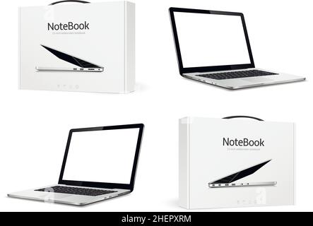 Laptop mock up with cardboard box isolated. Vector illustration Stock Vector