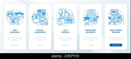 Elearning types blue onboarding mobile app screen Stock Vector