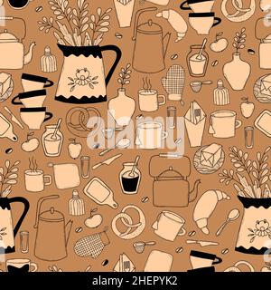 Seamless pattern with kitchen utensils and food. Kitchenware, kettles and a saucepan, preparation of food and drinks on brown background. Vector illus Stock Vector