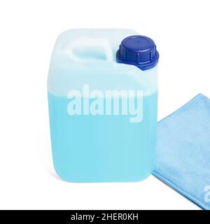 Can with non-freezing liquid, isolated on white. Blue antifreeze liquid for car in canister. Plastic bottle or gallon of hand gel, soap or hand Stock Photo