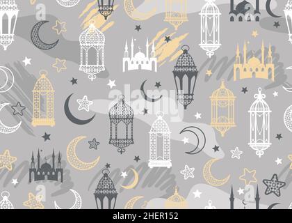 Arabic lantern and moon, stars seamless pattern on grey scribble background. Stock Vector