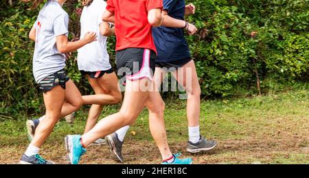 A small group of high school girls running together training for cross county in a local park in on a muddy path. Stock Photo