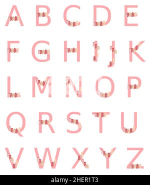 alphabet made with pink letters each with a row of houses on the letter. cityscape on every letter, isolated on a white background Stock Vector