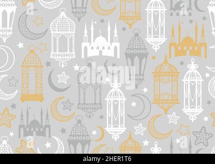 Arabic lantern and moon, stars seamless pattern on grey scribble background. Stock Vector