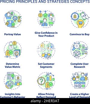 Pricing principles and strategies concept icons set Stock Vector