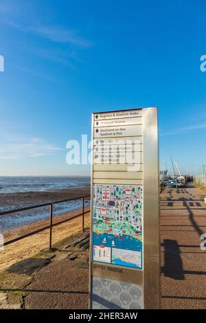 Information Board and Signpost on Seafront Between Chalkwell and Old Leigh on Thames Estuary on Bright and Sunny January Morning