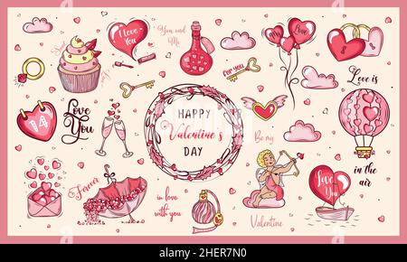 Big set of romantic elements for Valentine's day. Vector illustrations for valentines day, stickers, greeting cards, etc. Stock Vector