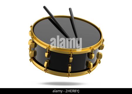 Realistic drum and wooden drum sticks on white. 3d render of musical instrument Stock Photo