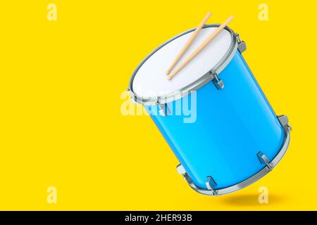 Realistic drum and wooden drum sticks on yellow. 3d render of musical instrument Stock Photo