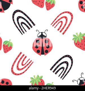 Cute ladybird, dotted rainbow, strawberry seamless vector pattern background.Ladybugs with strawberries and rainbows on white backdrop. Fun gender Stock Vector