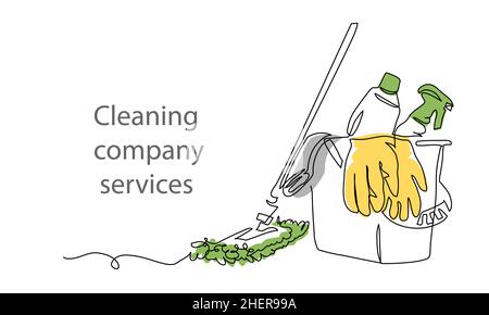 Cleaning tools mop, bucket, detergent, gloves. One continuous line art drawing banner, poster, background with set of cleaning tools Stock Vector