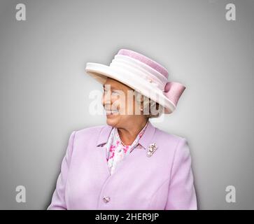 QUEEN ELIZABETH II Portrait smiling cut-out treatment half length portrait of a happy smiling three quarter view HRH Queen Elizabeth II cut out on a neutral plain background Commissioned image photographed by © Ian Shaw Stock Photo