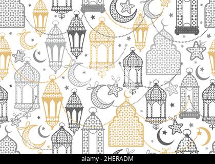 Arabic lantern and moon, stars seamless pattern on grey scribble background. Stock Vector