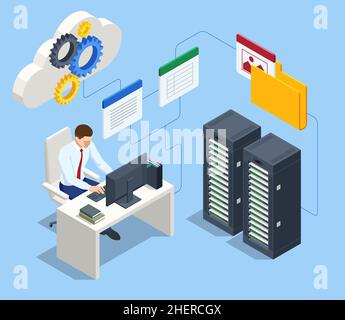 Isometric file in database, document flow management concept. Cloud data storage and remote data access Stock Vector