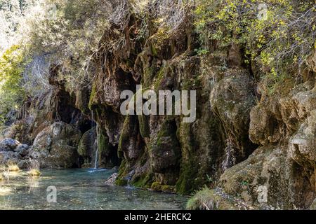 View of the source of the River Cuervo, Nacimiento del rio Cuervo, Serrania de Cuenca Natural Park, Spain Stock Photo