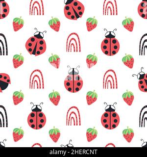 Cute ladybird, dotted rainbow, strawberry seamless vector pattern background.Ladybugs with strawberries and rainbows on white backdrop. Fun gender Stock Vector