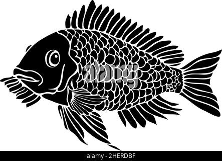 Vector illustration with silhouette of a fish. Hand drawn black and white fish. Stock Vector