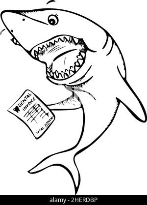 Vector illustration of funny shark with dental invoice in its fin. Astonished  black and white cartoon shark. Stock Vector