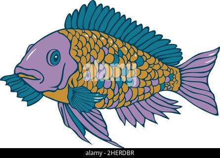 Vector illustration of a fish. Colored and depicted by a line. Stock Vector