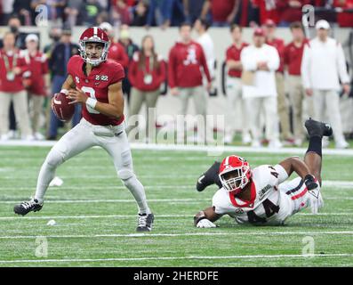 Alabama Crimson Tide quarterback Bryce Young (9) during the 2022 CFP college football national championship game at Lucas Oil Stadium, Monday, Jan. 10 Stock Photo