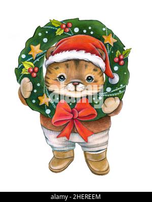 Kitten with a Christmas wreath watercolor hand drawing. Stock Photo