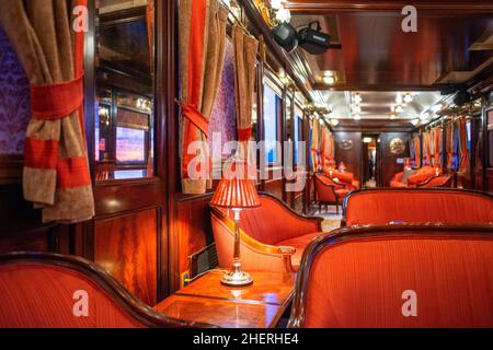 Saloon wagon of Al-Andalus luxury train travelling around Andalusia Spain.  The Al Andalus train takes a tour of 7 days and 6 nights, visiting cities Stock Photo